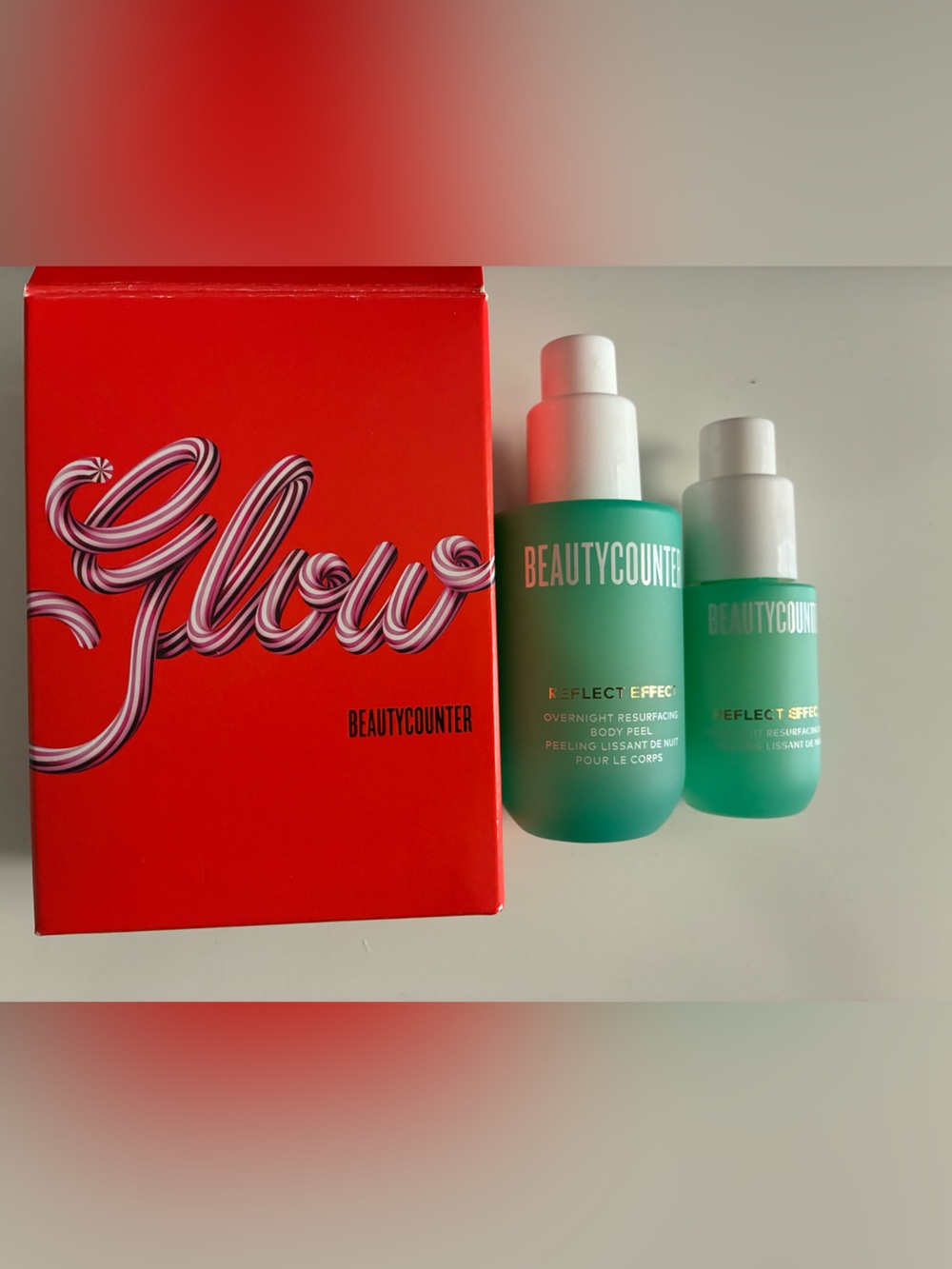 beautycounter Glow Set with Mint Green Bottles and Red Box